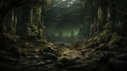 dark fantasy dungeon with trees - obrazy, fototapety, plakaty