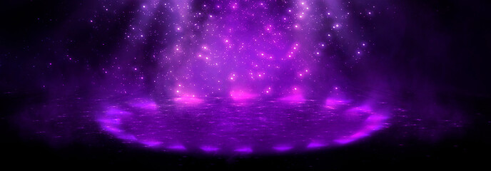 Abstract empty dark stage with purple smoke, neon, sparkles.