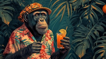 illustration of an ape in summer shirt holding juice
