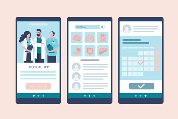 Medical application pages template for сhoosing medical services or specialists. Health care app on smartphone screen. Digital medicine, telemedicine,