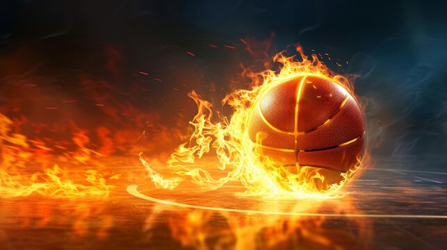 burning basket ball with flames on dark background
