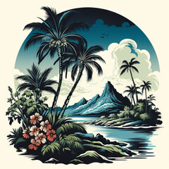 Tropical Island Paradise Illustration with Palm Trees and Volcano

