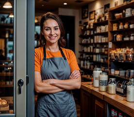 A shop owner is a smiling with her arms crossed in front of a her store.