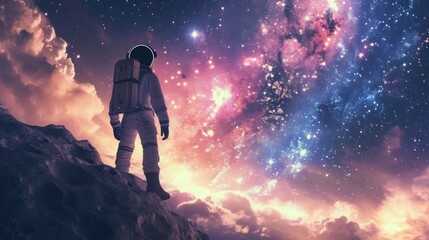 astronaut in a space suit looking at the sky full of real stars and cosmic clouds - obrazy, fototapety, plakaty