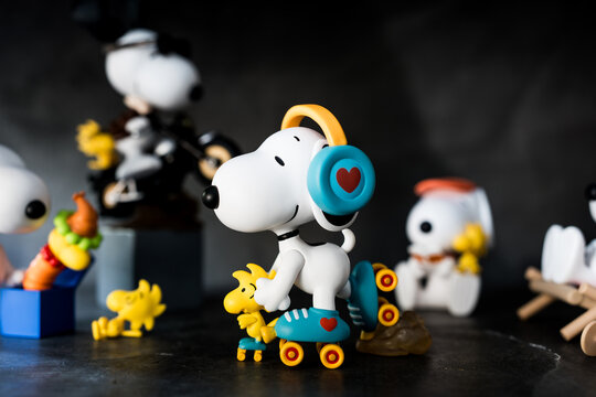 BANGKOK, THAILAND - FEBRUARY 5, 2024 : Roller skating Snoopy the Best Friends series figures, a size height about 10cm.