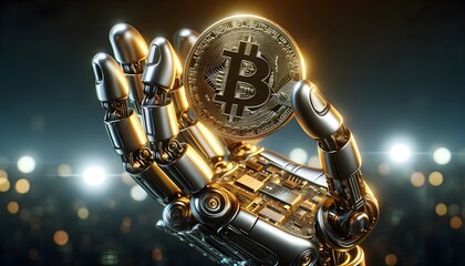 robot hand hold bitcoin - obrazy, fototapety, plakaty