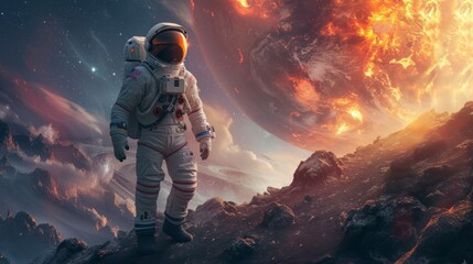 astronaut in a space suit looking at the sky full of real stars and cosmic clouds of different colors