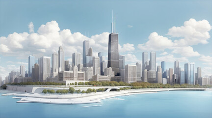 Fototapeta premium Cityscape Canvas: 3D Illustration of Chicago City with White Matte