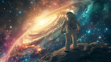 astronaut in a space suit looking at the sky full of real stars and cosmic clouds of different colors on a remote planet
