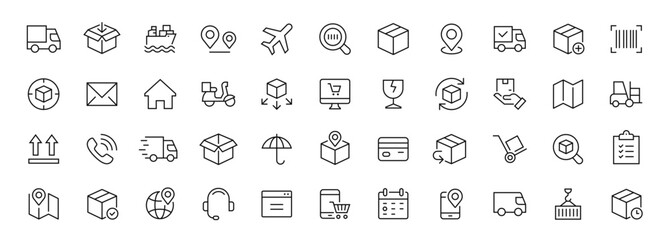 Delivery and logistics thin line icons set. Shipping, delivery, logistics editable stroke icon collection. Vector