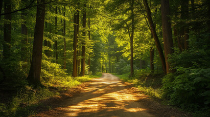 serene summer forest road, the ground drenched in sunlight, surrounded by tall trees with lush...