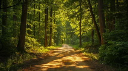  serene summer forest road, the ground drenched in sunlight, surrounded by tall trees with lush green foliage The light creates a warm, golden hue on the path © 1st footage