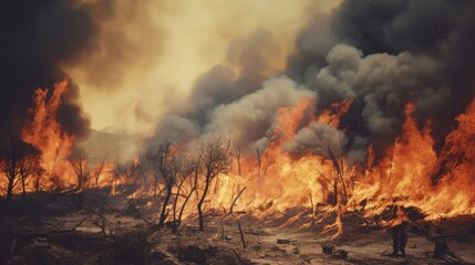A dynamic photo realistic a.k.a. hyper detail vintage photograph of a wildfire, in color, 