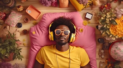 Stunned dark skinned Afro American man in yellow t shirt and shorts lies on pink towel surrounded by sea accessories listens music headphones. Holiday, recreation, relax, Summer vibes.