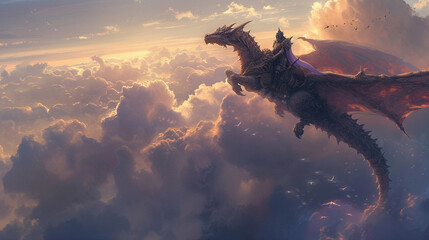depicting a knight, clad in enchanted armor, riding atop a majestic dragon, soaring through the clouds above a fantastical landscape, showcasing an unlikely alliance - obrazy, fototapety, plakaty