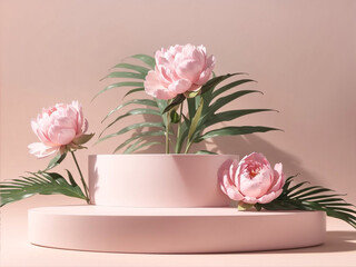Pastel Elegance: 3D Podium Display on a Pastel Pink Background with Product Placement

