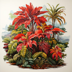 Vibrant Tropical Botanical Illustration with Red Flowers and Palm Trees


