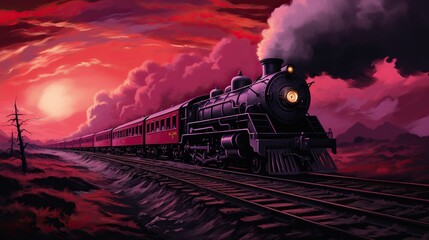 beautiful painting of a classic locomotive with pink and red sky setting