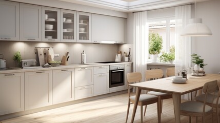 Kitchen design in a townhome or a single house in the Scandinavian theme, pearl white, minimalist style, can be practical