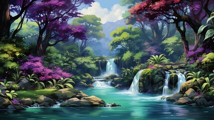 artwork of the waterfall in the jungle