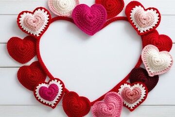 Adorable Crochet Heart Decorated Frame on White Hardwood Background