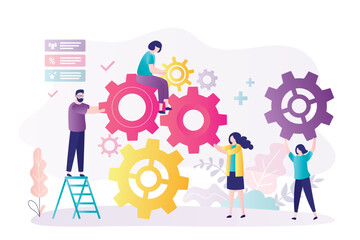 Business teamwork. Employees holds various gears. Development of new project, collaboration. Skill of cooperation with work colleagues. Company process development, workforce.