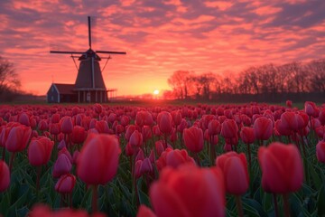 Colorful tulips against a classic Dutch windmill and moody, cloudy sky.