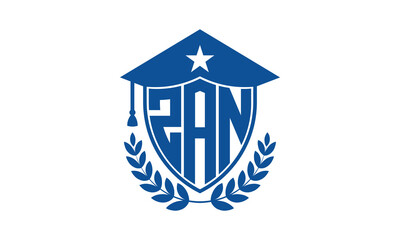 ZAN three letter iconic academic logo design vector template. monogram, abstract, school, college, university, graduation cap symbol logo, shield, model, institute, educational, coaching canter, tech
