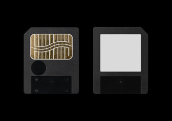 Old SD micro case on black background. Isolated card transparent mockup. Clean cover box template.