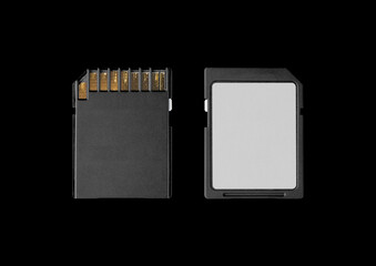 Old SD micro case on black background. Isolated card transparent mockup. Clean cover box template.
