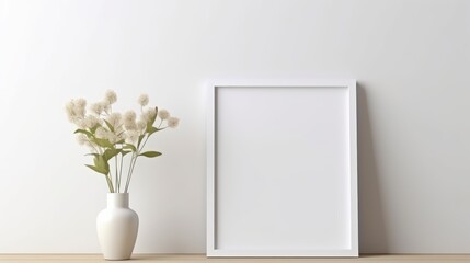Fototapeta na wymiar MINIMALISTIC MOCKUP OF A white frame, SUN-KISSED SCENE with a vase of wildflowers