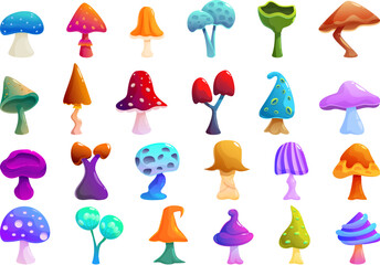 Fantasy mushrooms icons set cartoon vector. Magic fungi. Amanita user