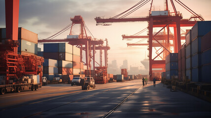 container cargo freight ship at sunset - obrazy, fototapety, plakaty