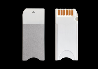 Old SD micro case on black background. Isolated card transparent mockup. Clean cover box template.