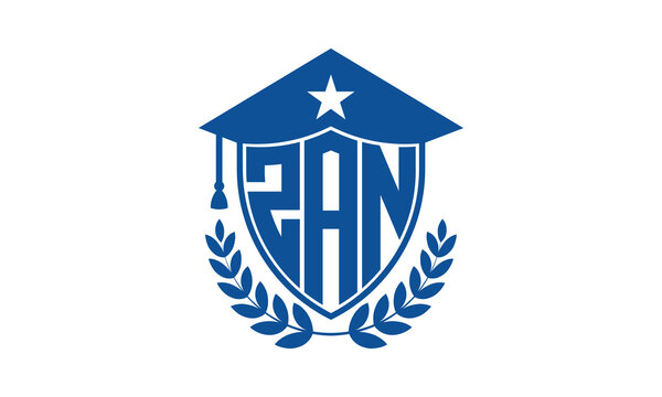 ZAN three letter iconic academic logo design vector template. monogram, abstract, school, college, university, graduation cap symbol logo, shield, model, institute, educational, coaching canter, tech