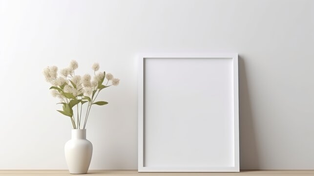 MINIMALISTIC MOCKUP OF A white frame, SUN-KISSED SCENE with a vase of wildflowers © Thuch