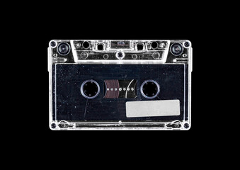 Old cassette tape case on black background. Isolated music transparent mockup. Clean cover box...
