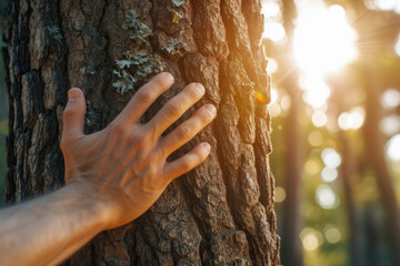 A man's hand touch the tree trunk close-up. Bark wood.Caring for the environment.