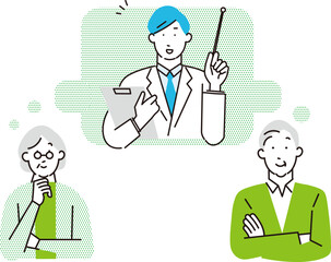 アドバイスする医者と白髪の老夫婦ーベクターアイコンセットイラスト素材