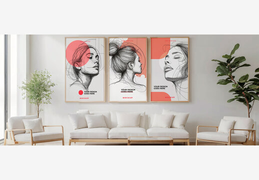 Minimalist Poster Frame Mockup Interior with White Couch, Chairs, Plant, and Large Window In Room