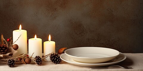 Obraz na płótnie Canvas Festive dinner with white candles, cones, and ceramic plate on a linen napkin.