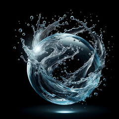 Water magic energy ball swirling plash and vortex with droplets. Magic element for witch, wizard, magician