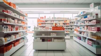 Photo of inside pharmacy shop, shelves with many medicines and otc products, ultra photorealistic