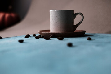 cup of turkish coffee, traditional hot beverage drink, beans, blue wooden background, fortune telling reading