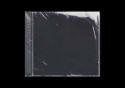 CD disk video case on black background. Isolated music transparent mockup. Clean cover box template.