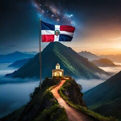 flag on a mountain dominican republic - obrazy, fototapety, plakaty