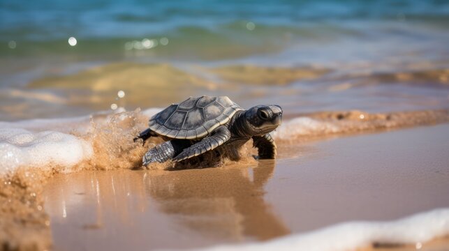 Photograph of a cute baby turtle Red-Eared Slider crawling across a sandy beach towards the glistening ocean waves. 