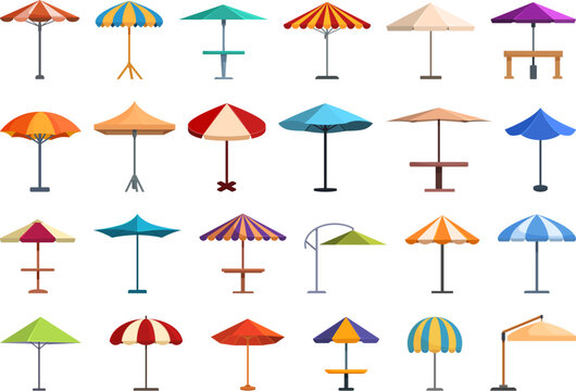 Outdoor cafe umbrella icons set cartoon vector. Street table design. Food court