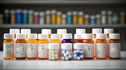 Prescription bottles and medication labels arranged on the shelves of a pharmacy. 