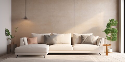 Contemporary living room with chic cozy sofa. Banner creation.